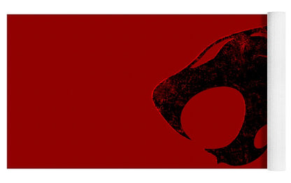 Red yoga mat with distressed cat-face emblem and rolled edge