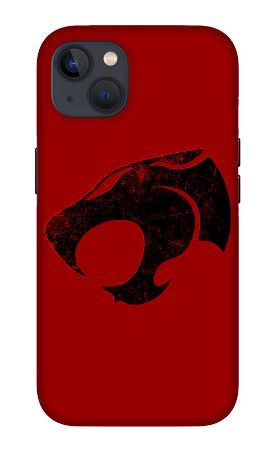 Red phone case with distressed Thundercats logo on back, dual camera lenses visible