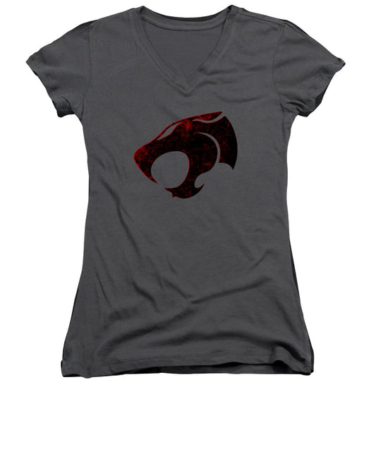 Women's V-neck T-shirt in charcoal gray with distressed red emblem on chest