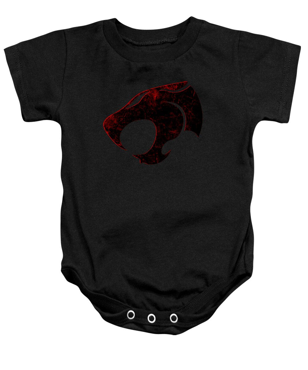Black baby onesie with distressed character logo graphic on front, short sleeves
