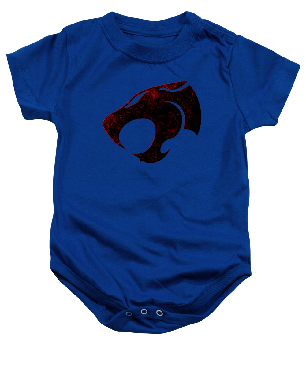 Blue baby graphic onesie with distressed red and black cat logo on chest