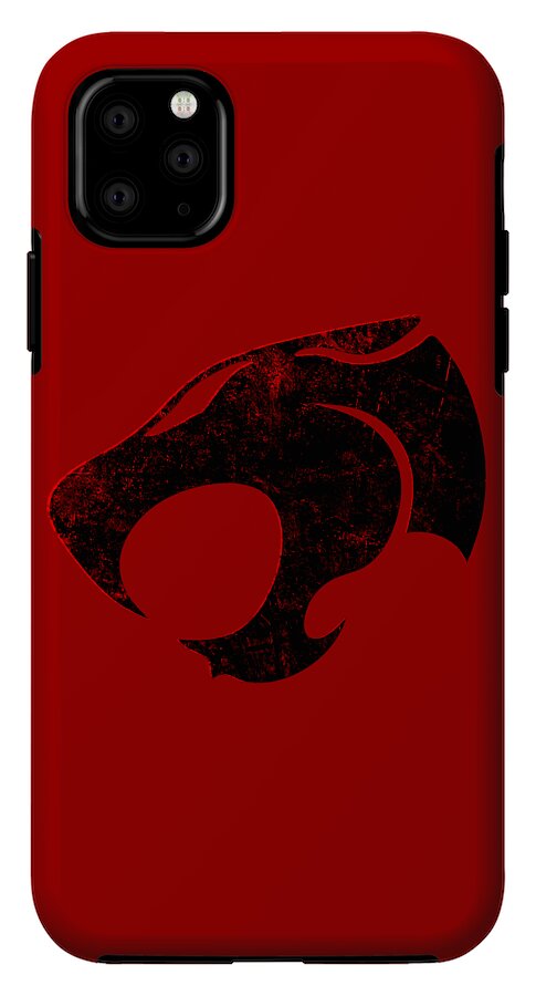 Red phone case with black distressed Thundercats sign and triple camera cutout