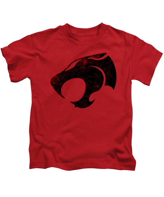 Red kids distressed graphic T-shirt with cat-face emblem in black and red