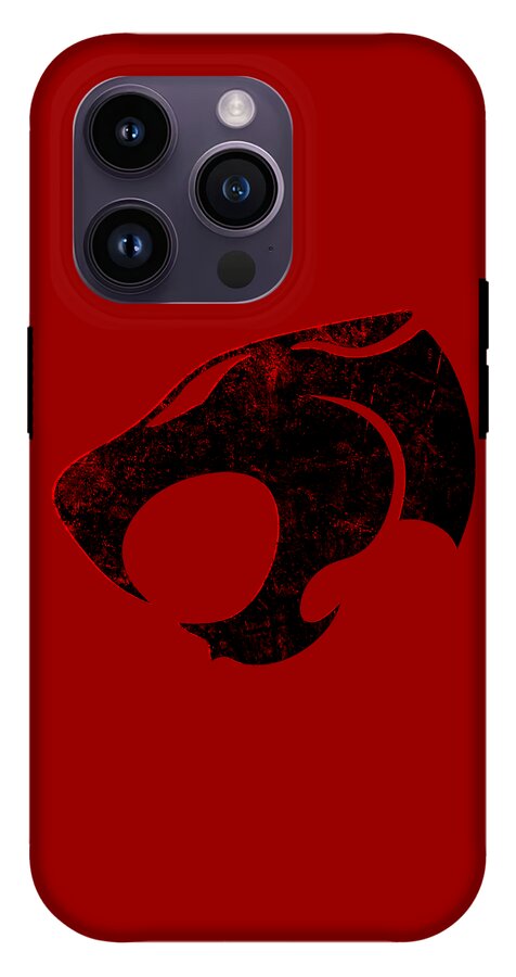 Red phone case with black distressed Thundercats logo and top-left triple camera cutouts