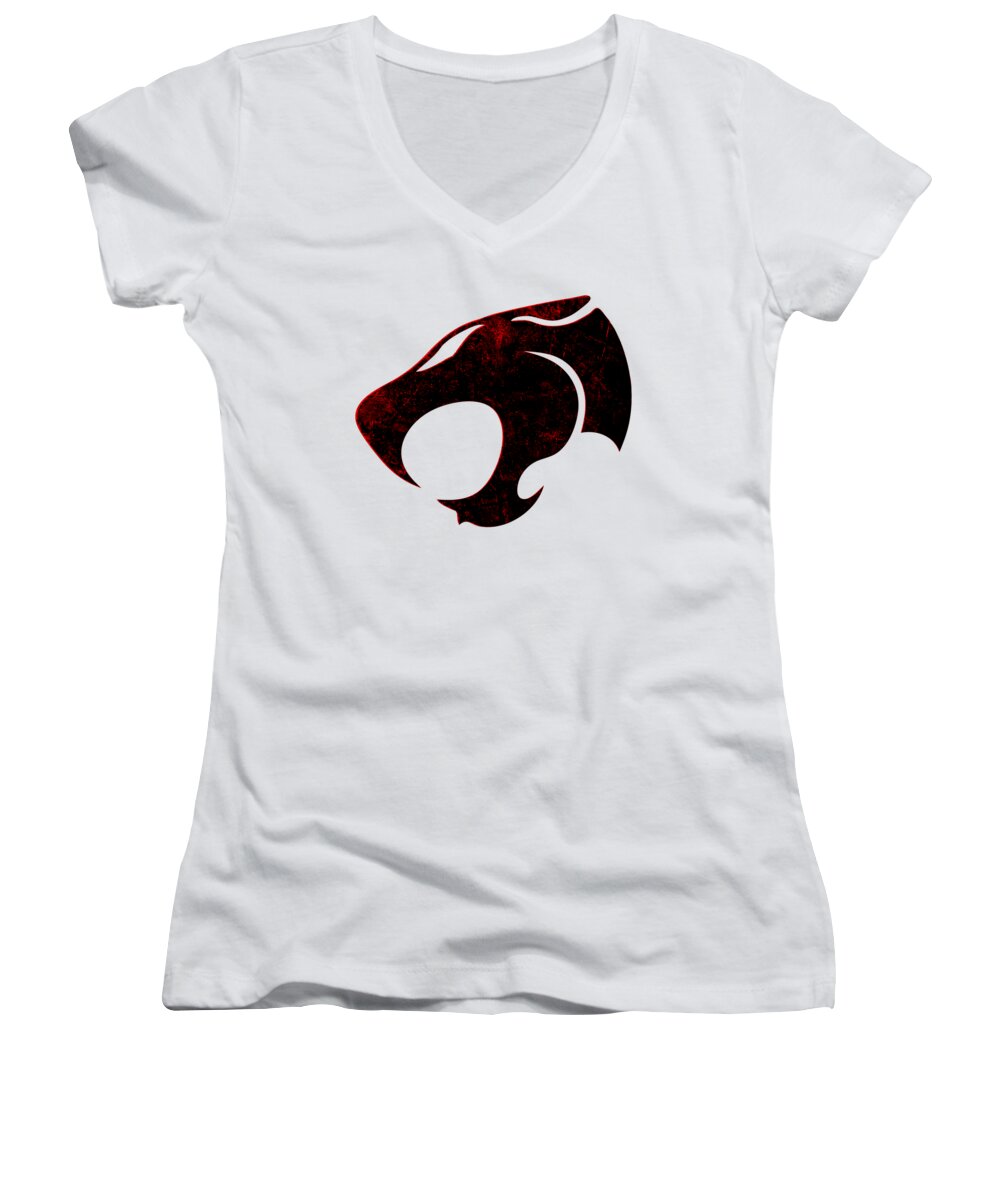 Women's V-neck T-shirt in white with distressed red emblem on chest