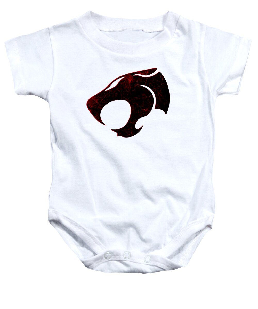 White baby graphic onesie with distressed red and black cat logo on chest