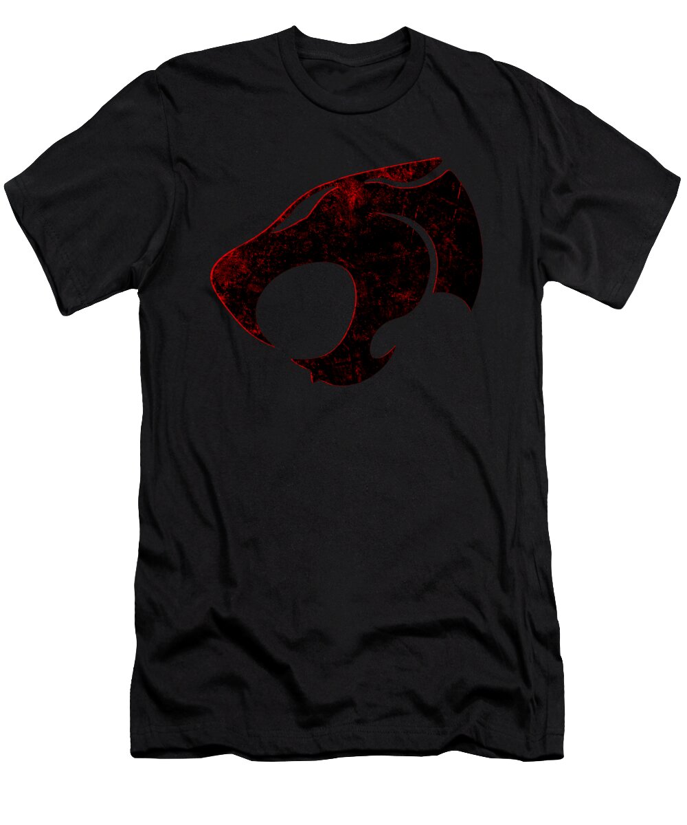 Black T-shirt with distressed red-and-black chest graphic print.