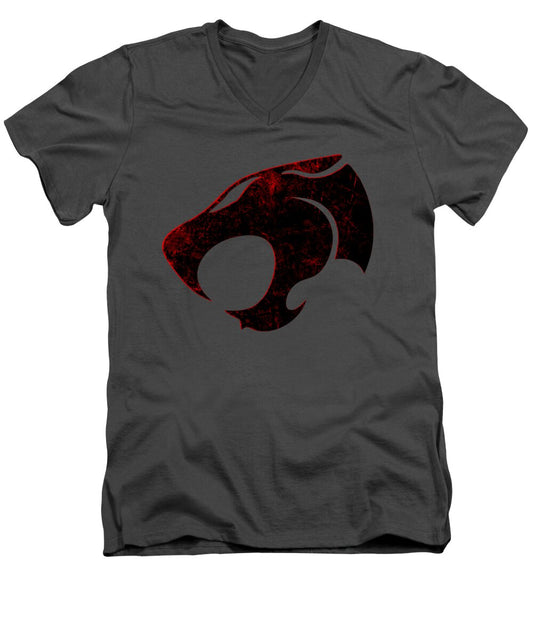 Charcoal v-neck T-shirt with distressed red-and-black Thundercats logo graphic