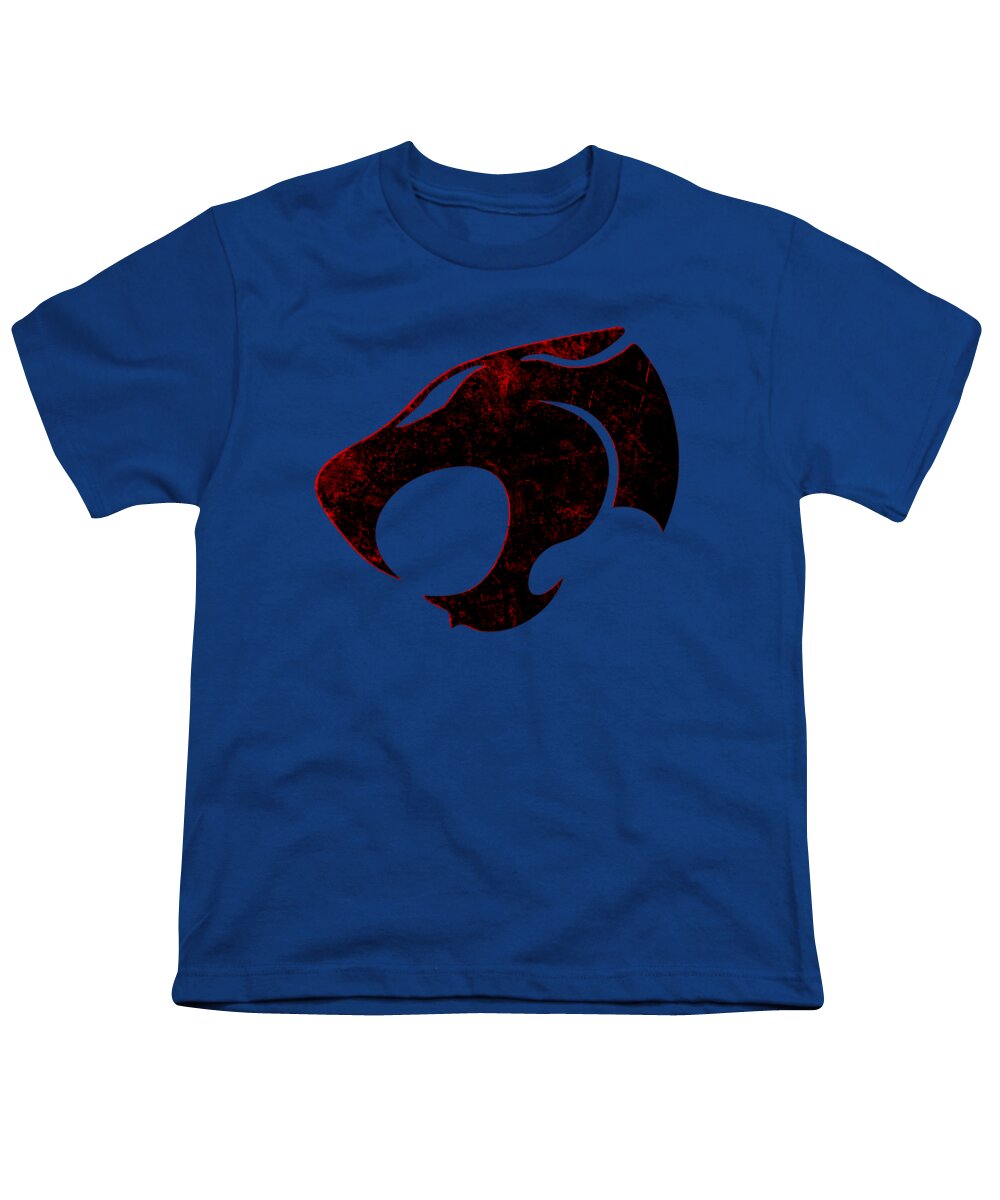 Youth T-shirt, royal blue with distressed cat-head graphic on chest.