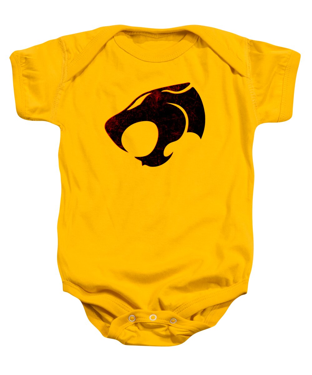 Yellow baby onesie with distressed character logo graphic on front, short sleeves
