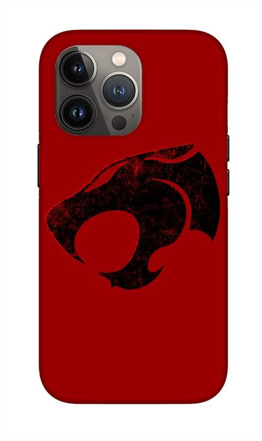Red phone case with distressed Thundercats logo on back, three-lens camera cluster shown