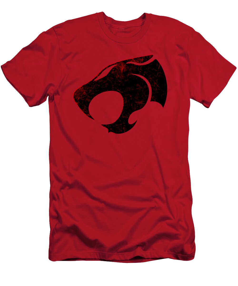 Red distressed T-shirt with black-and-red graphic chest print.