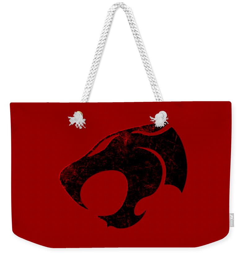Red weekender tote with distressed feline emblem, white rope handles, side tag