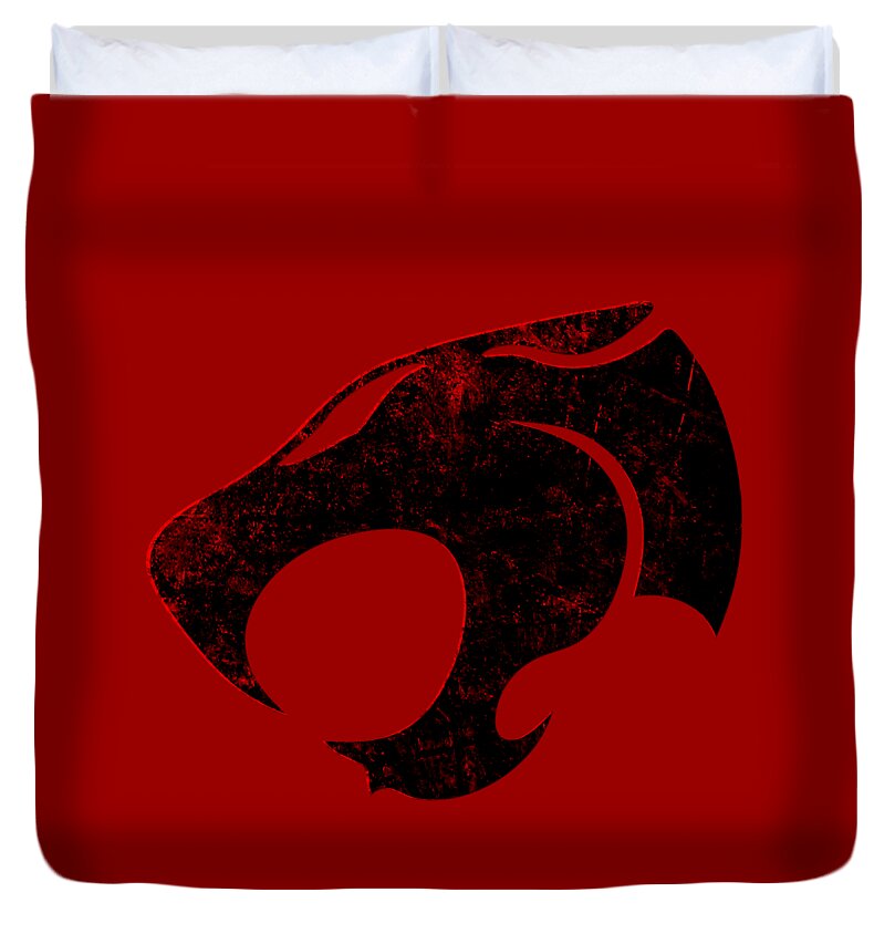Red duvet cover with distressed black cat-face emblem centered on front