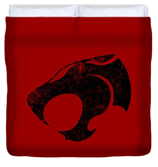 Red duvet cover with distressed black cat-face emblem centered on front
