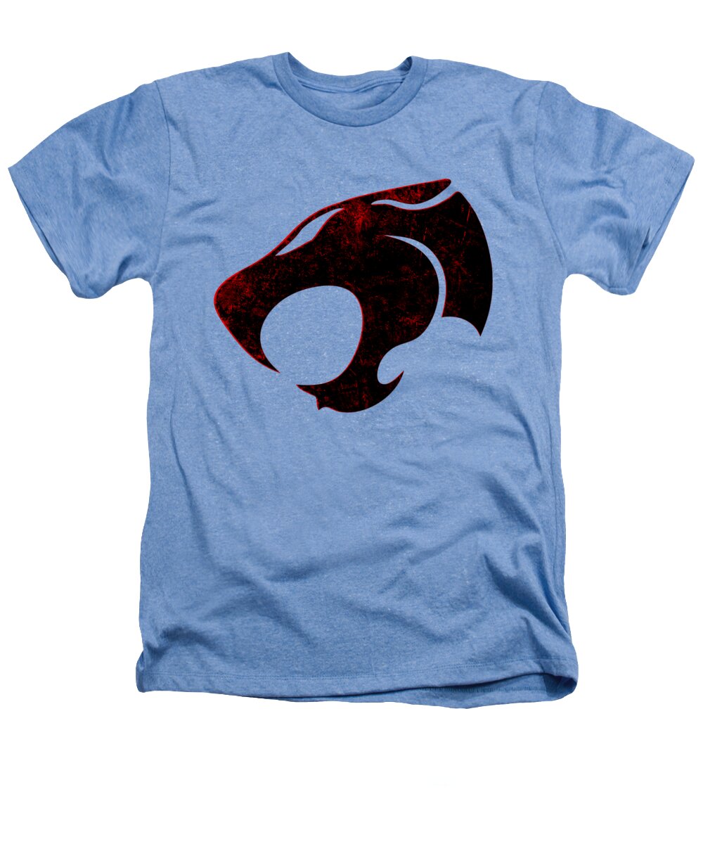 Heathered light blue T-shirt with distressed cat-face graphic on chest