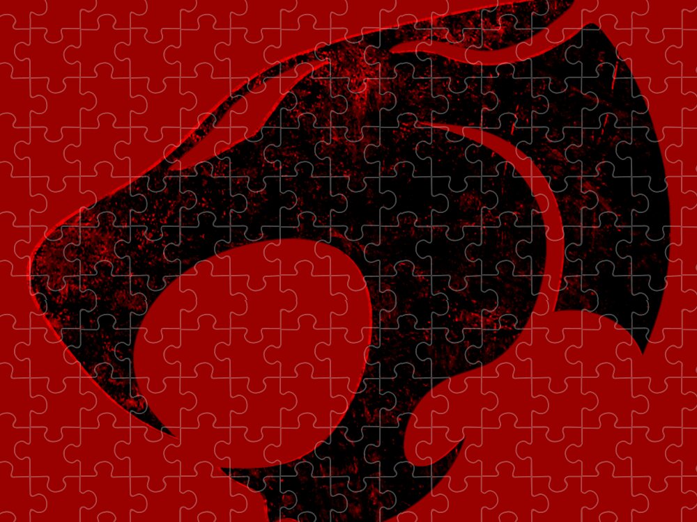 Thundercats puzzle sign with distressed black-and-red cat face, jigsaw-piece pattern