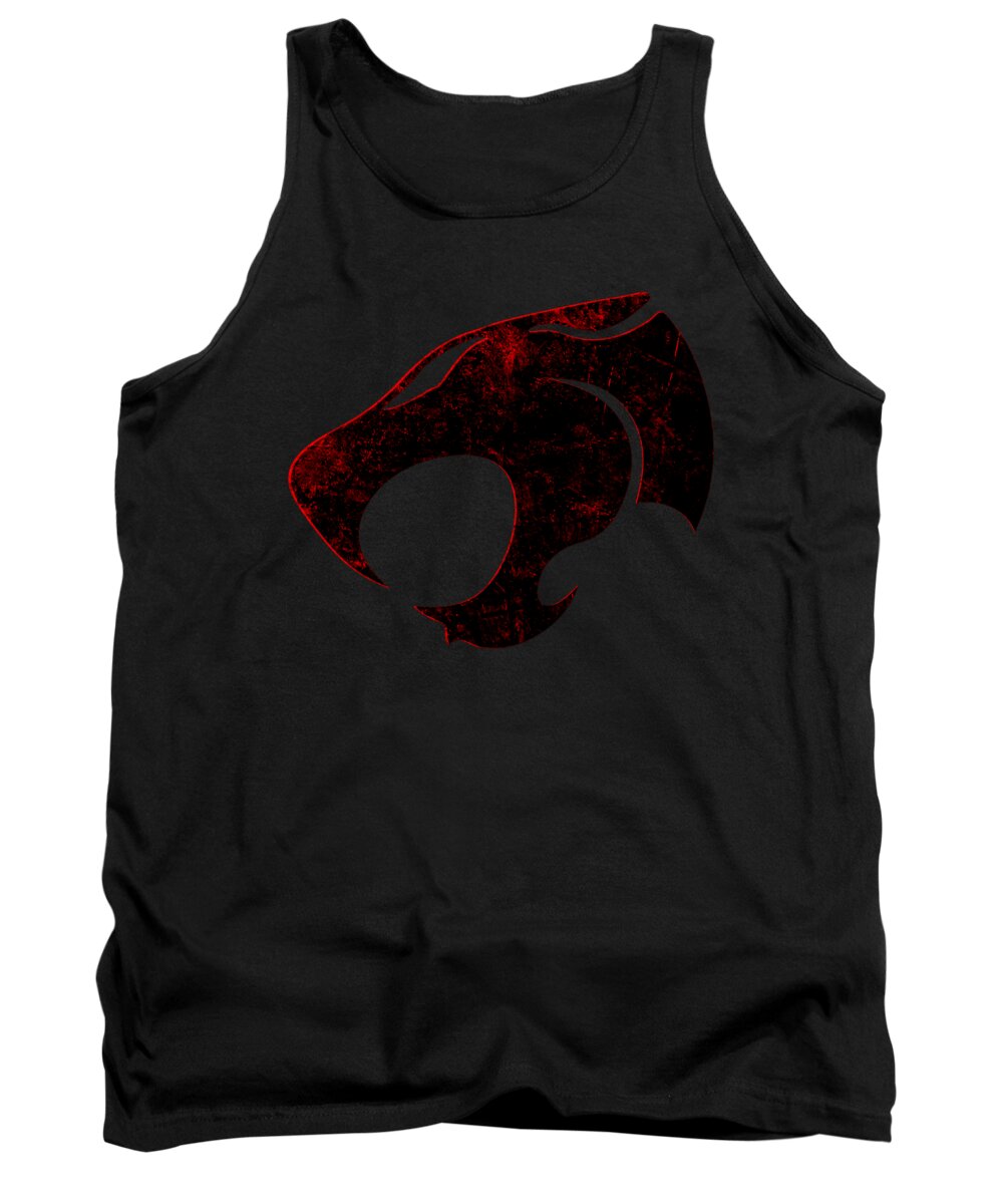 Black distressed graphic tank top with centered black and red emblem