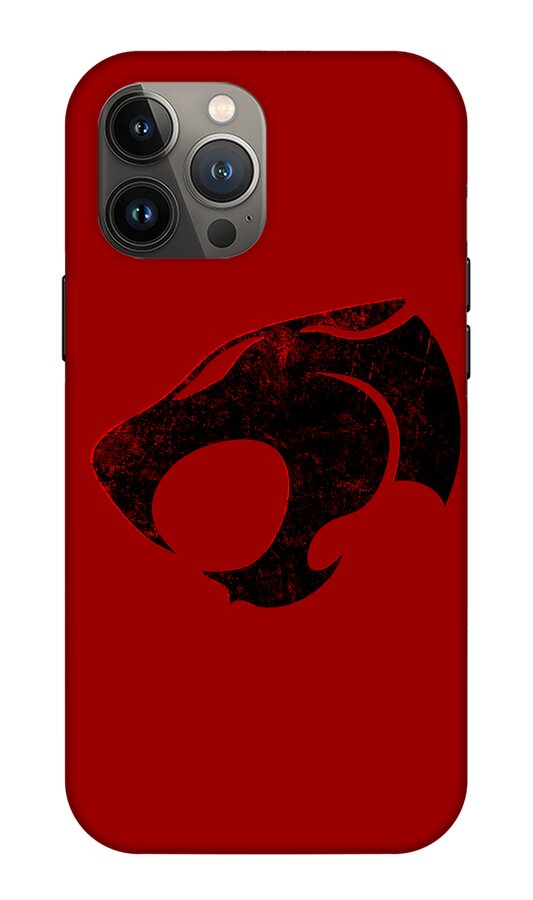 Red phone case with distressed Thundercats logo on back, triple camera module visible