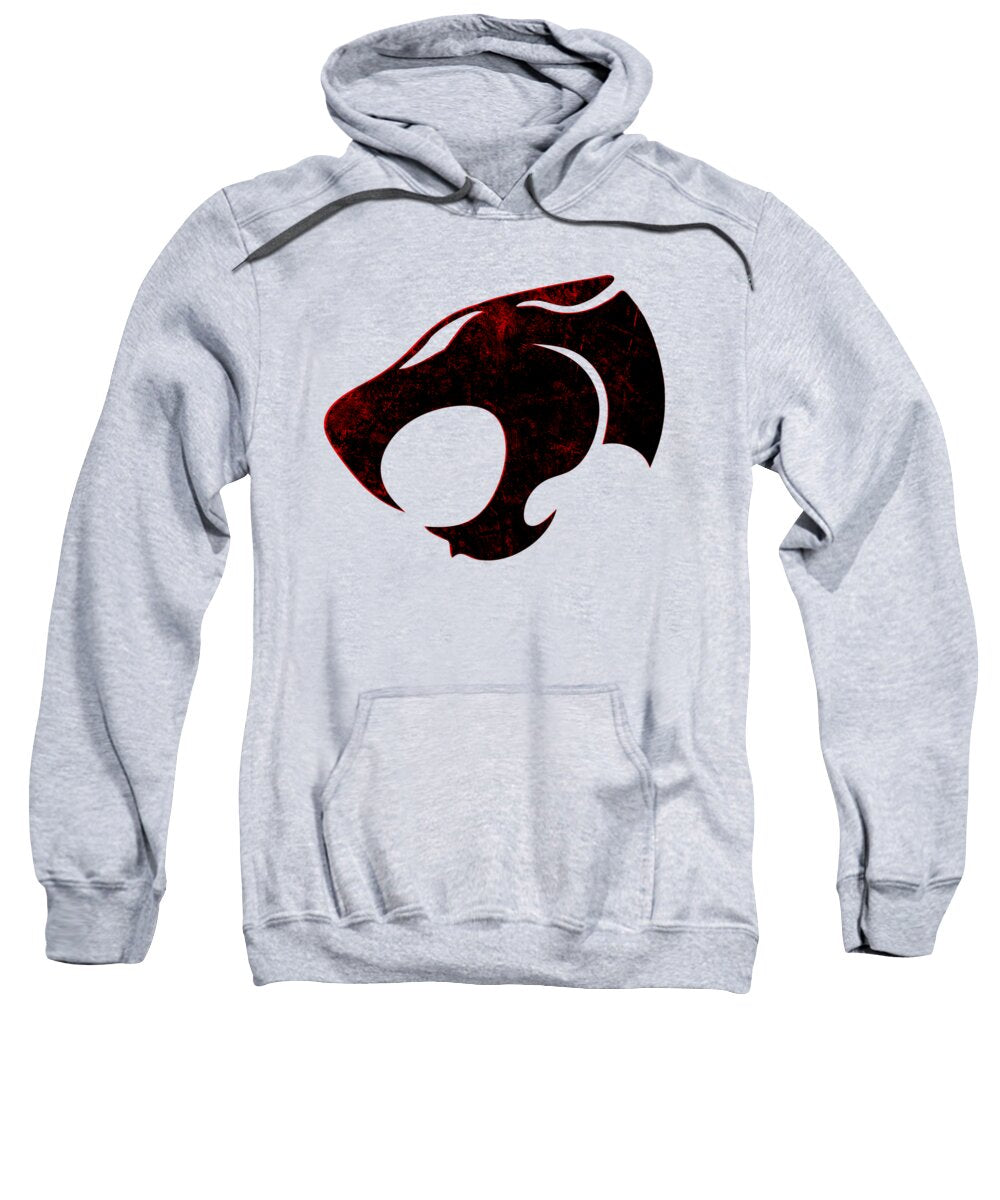 Light gray hooded sweatshirt with distressed red/black cat emblem and front kangaroo pocket