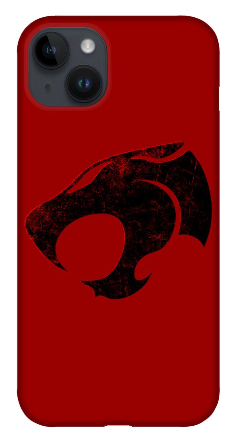 Red phone case with black distressed Thundercats logo and top-left triple camera cutouts