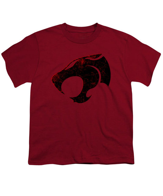 Youth T-shirt in cardinal red with distressed black and red graphic on front