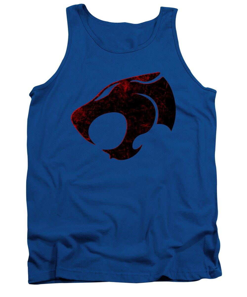 Royal blue distressed graphic tank top with centered black and red emblem