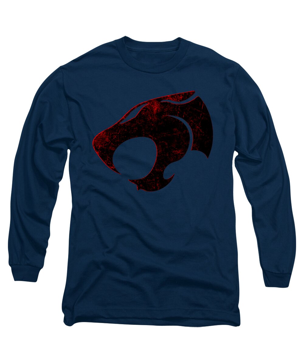 Navy long sleeve T-shirt with distressed emblem graphic in red and black on chest