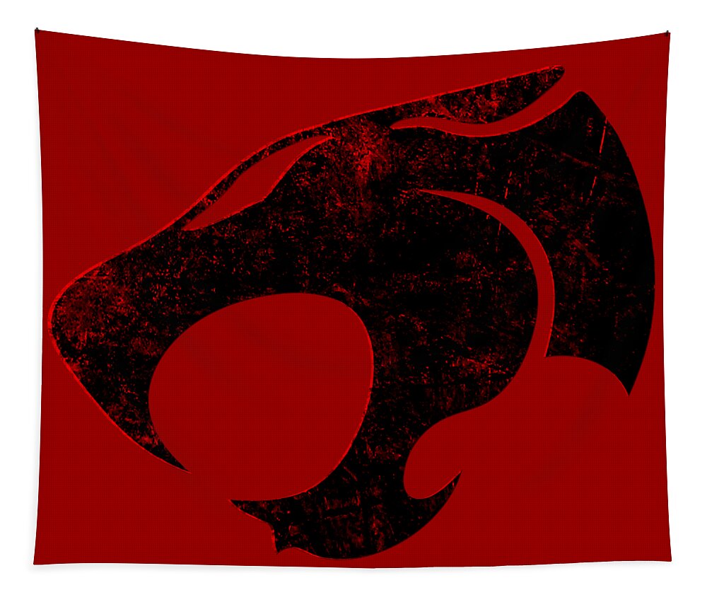 Rectangular tapestry featuring distressed cat-face emblem in red and black.