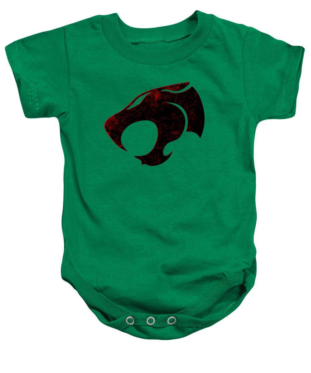 Green baby onesie with distressed character logo graphic on front, short sleeves