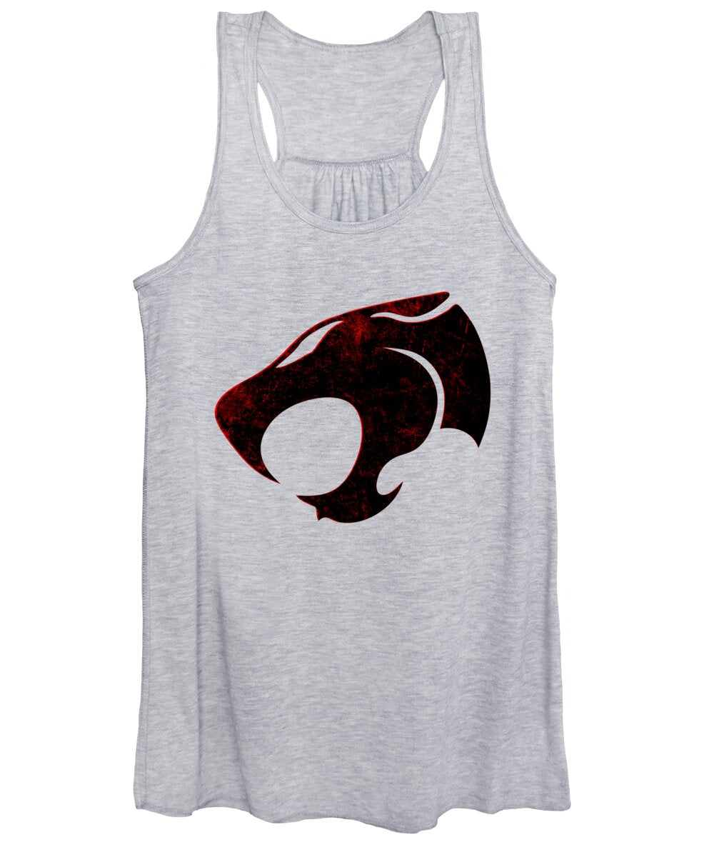 Women's tank top, light gray with distressed cat sign graphic at chest