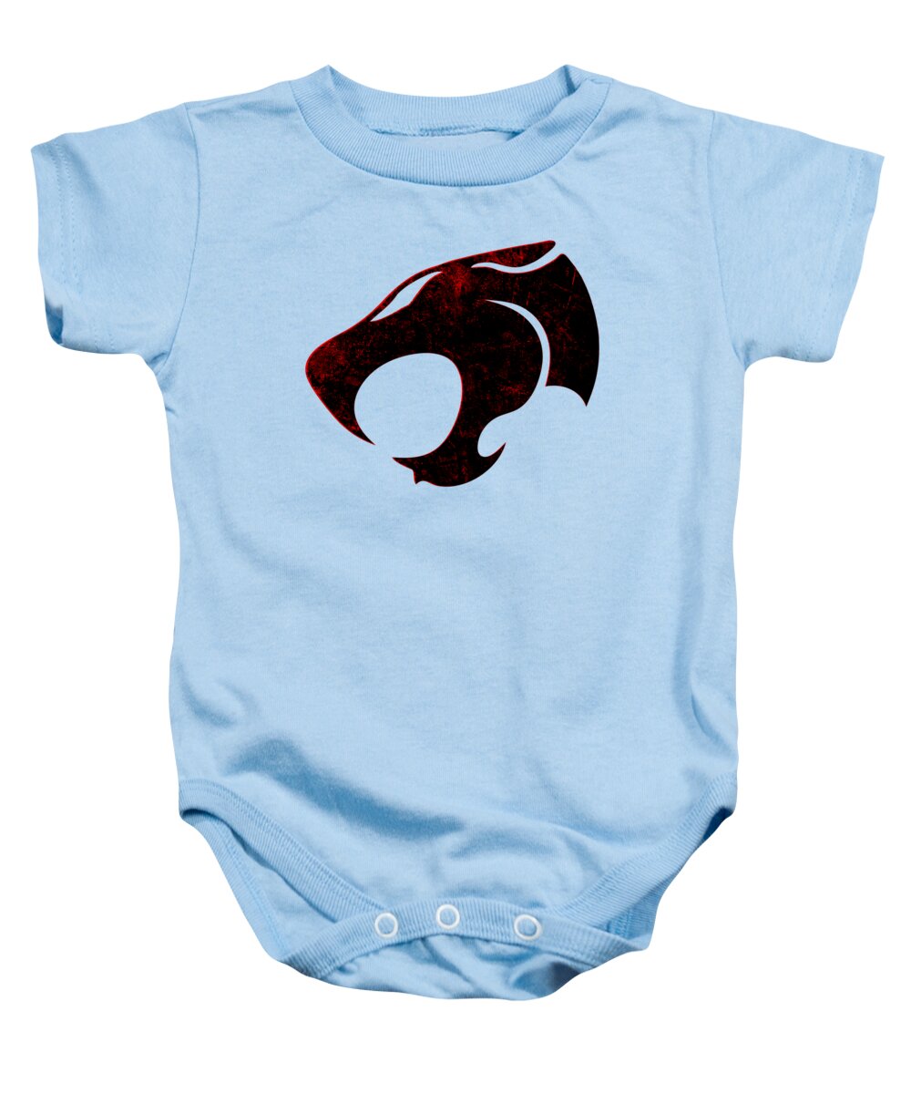 Light blue baby onesie with distressed character logo graphic on front, short sleeves