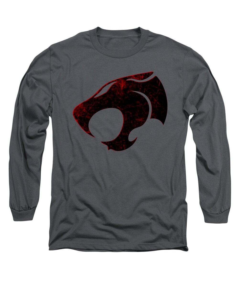 Charcoal gray long sleeve T-shirt with distressed emblem graphic in red and black on chest