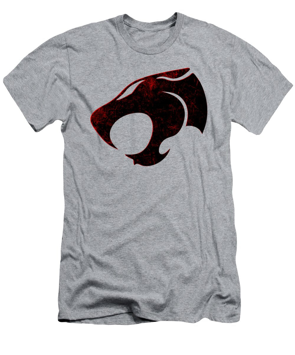 Light gray T-shirt with distressed red-and-black chest graphic print.