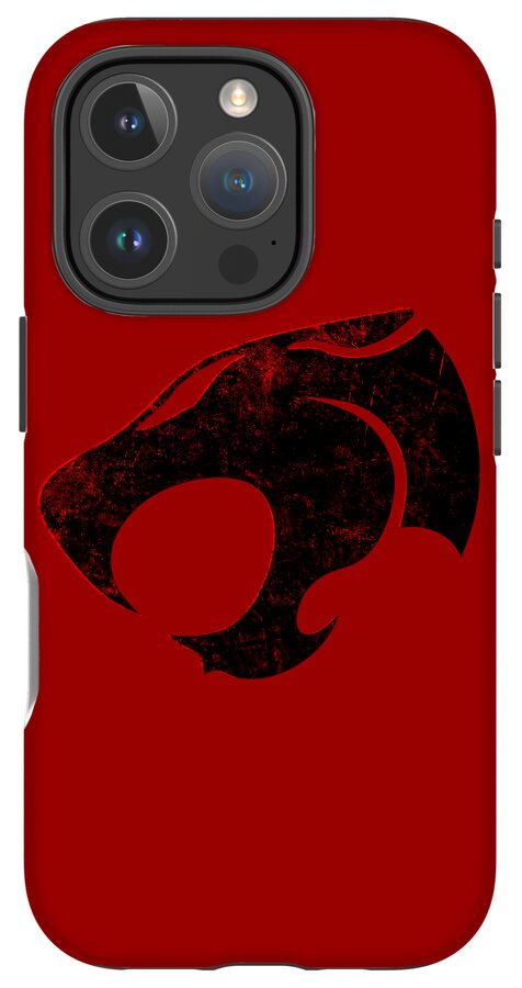Red phone case with black distressed Thundera claw graphic and camera cutouts.