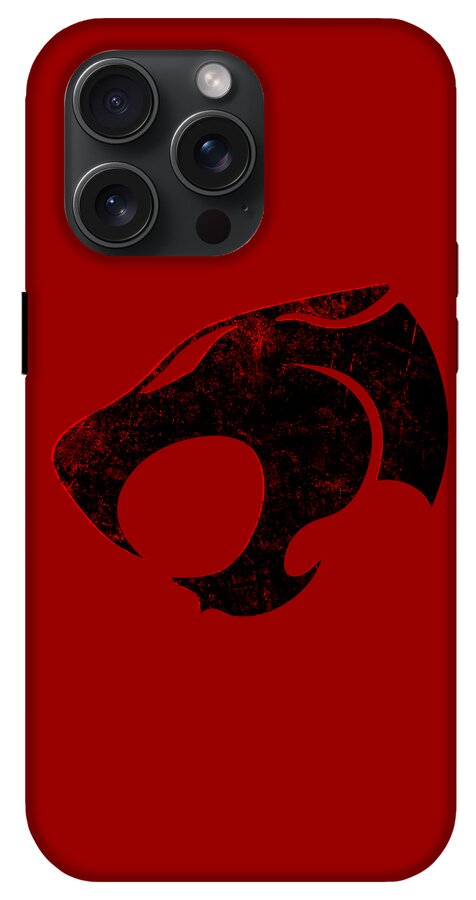 Red phone case with black distressed Thundercats logo and top-left triple camera cutouts
