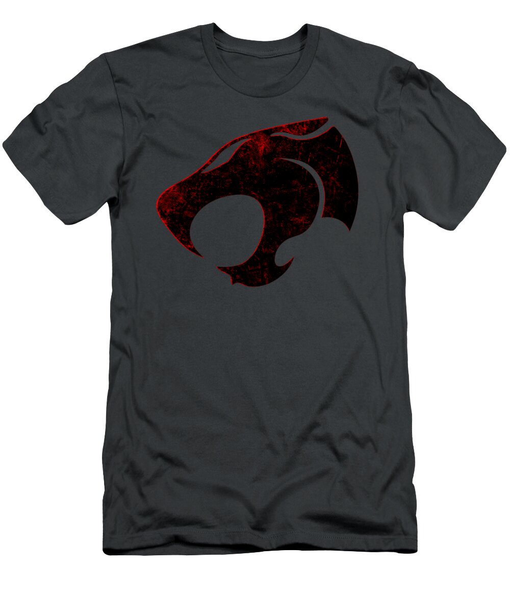 Charcoal gray T-shirt with distressed red-and-black chest graphic print.