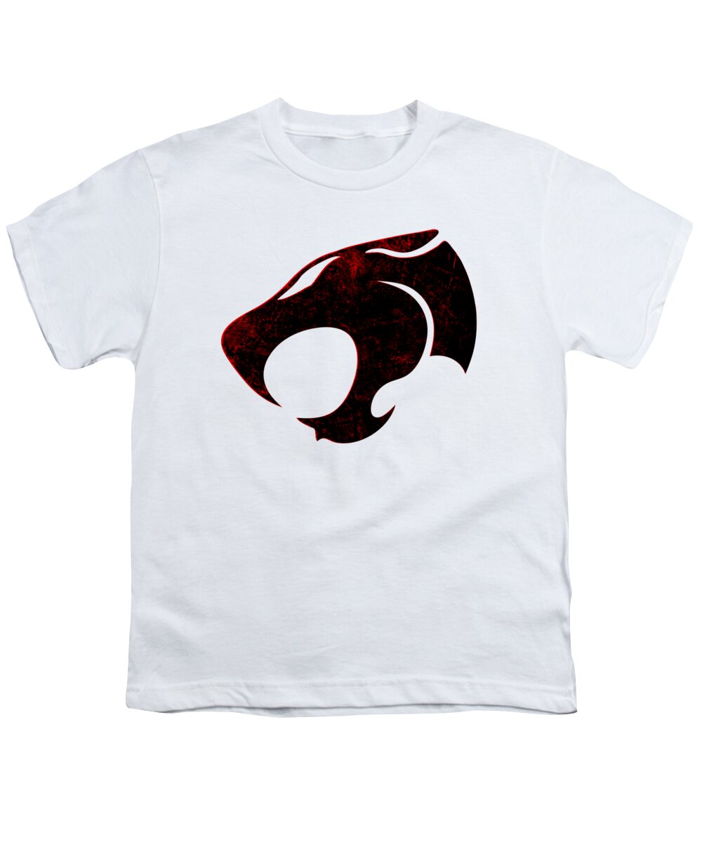Youth T-shirt, white with distressed cat-head graphic on chest.
