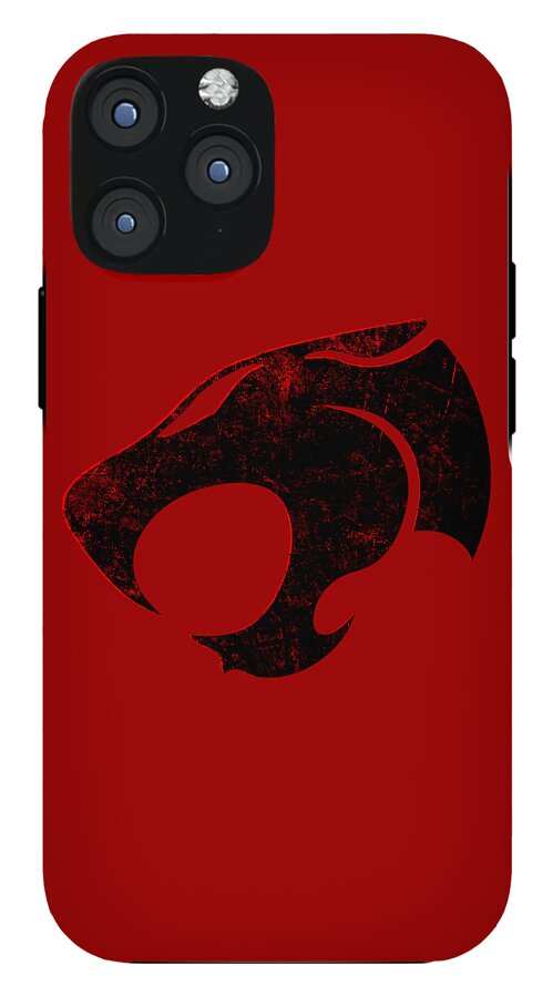 Red phone case with black distressed Thundercats sign and quad camera cutouts