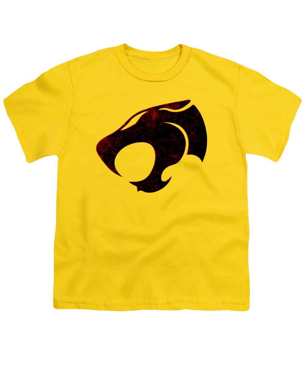 Youth T-shirt, yellow with distressed cat-head graphic on chest.