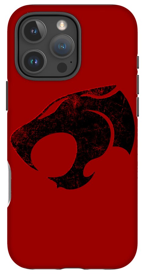 Red phone case with black distressed Thundera claw graphic and quad camera cutouts.