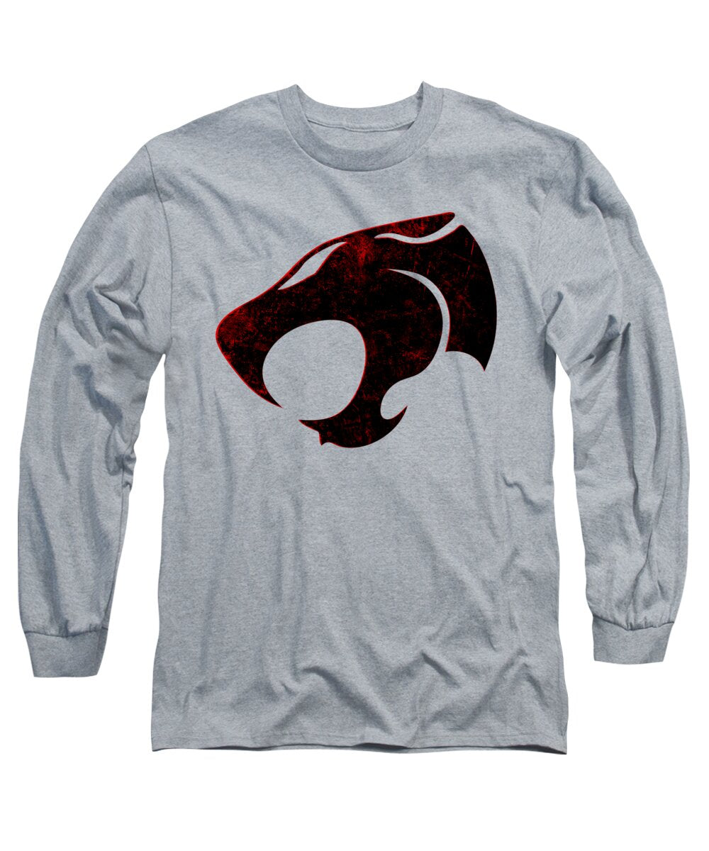 Heather gray long sleeve T-shirt with distressed emblem graphic in red and black on chest