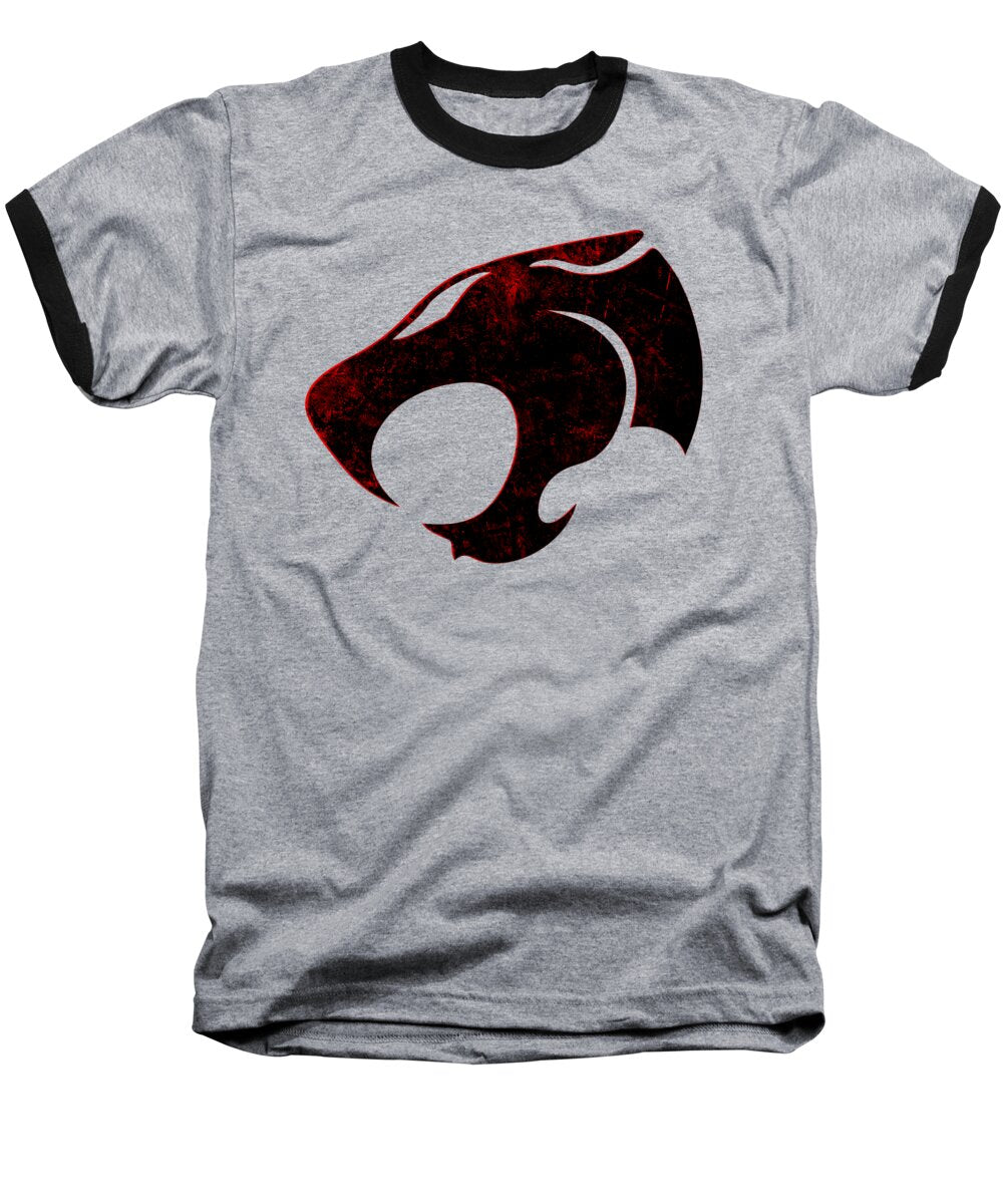 Heather gray baseball T-shirt with black raglan sleeves and distressed red graphic print