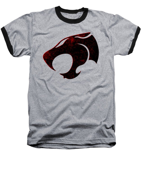Heather gray baseball T-shirt with black raglan sleeves and distressed red graphic print