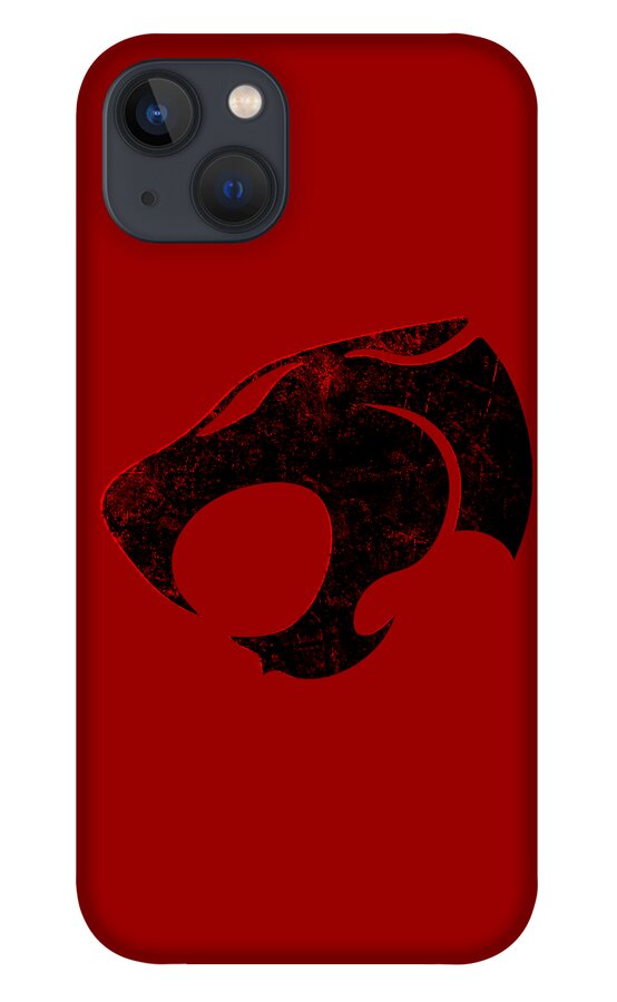 Red phone case with distressed Thundercats logo on back, camera lenses visible
