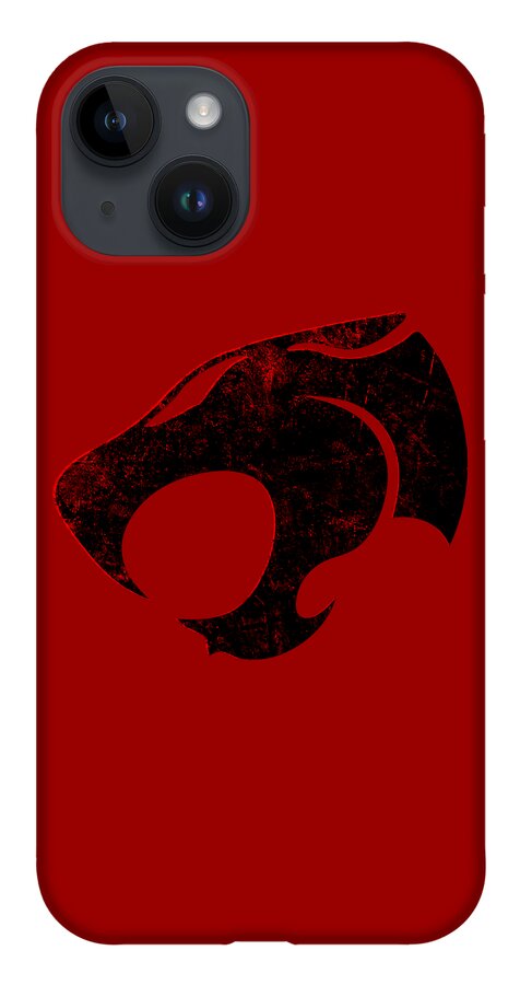 Red phone case with black distressed Thundercats logo and top-left triple camera cutouts