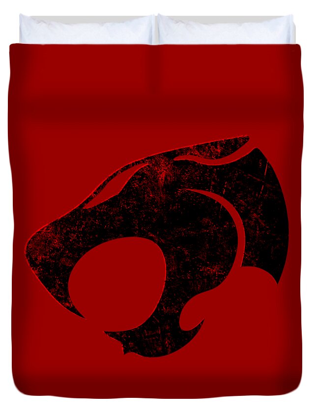 Red duvet cover featuring distressed black cat emblem, centered