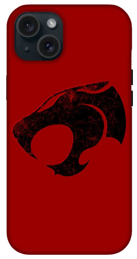 Red phone case with black distressed Thundera claw graphic and triple camera cutouts.