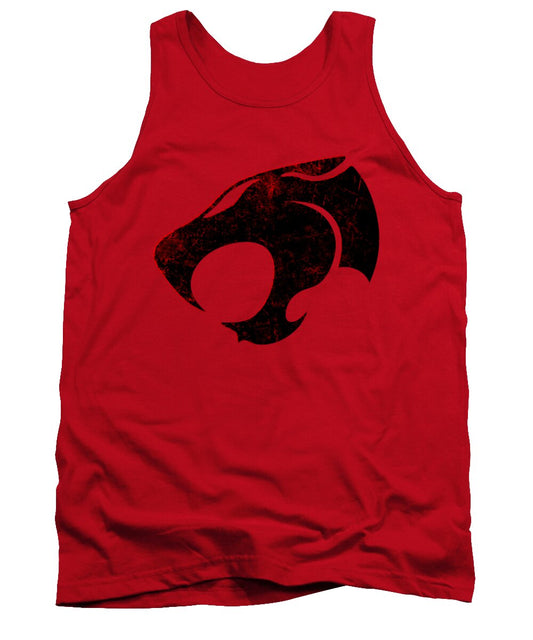 Red distressed graphic tank top with centered black and red emblem