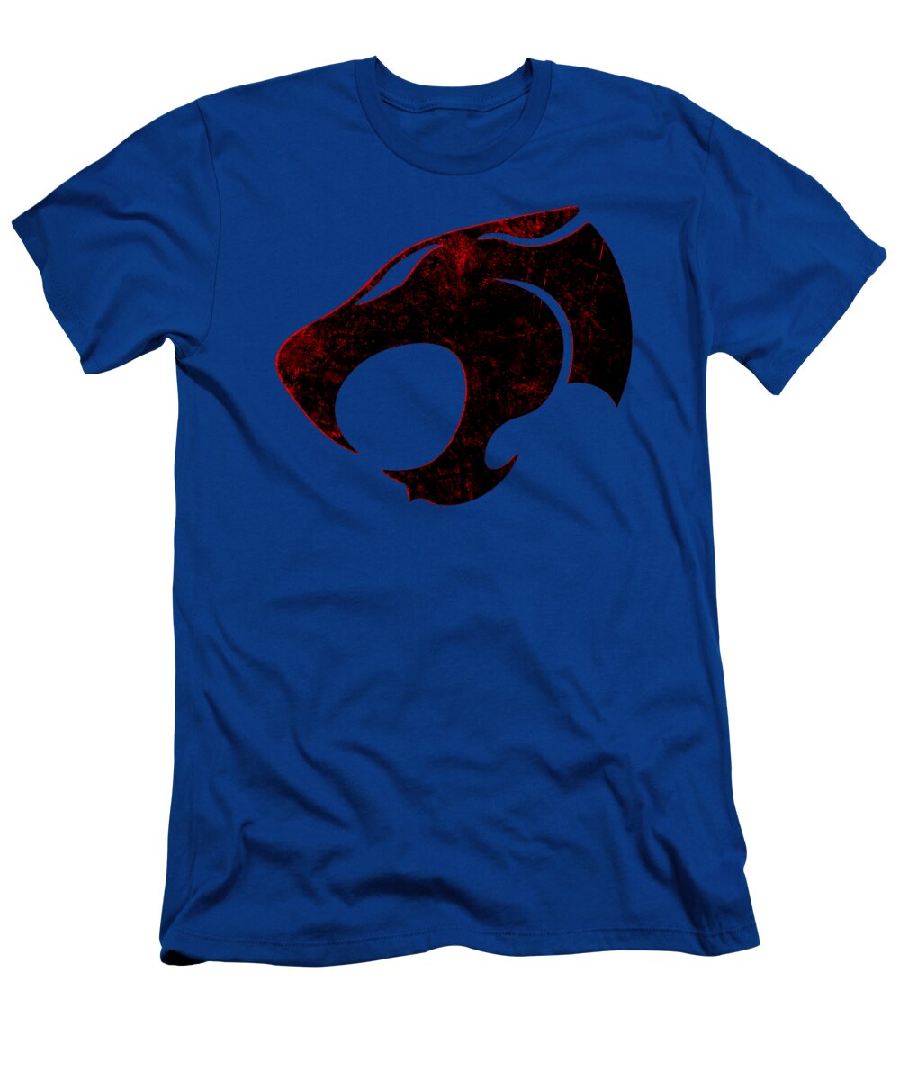 Royal blue T-shirt with distressed red-and-black chest graphic print.
